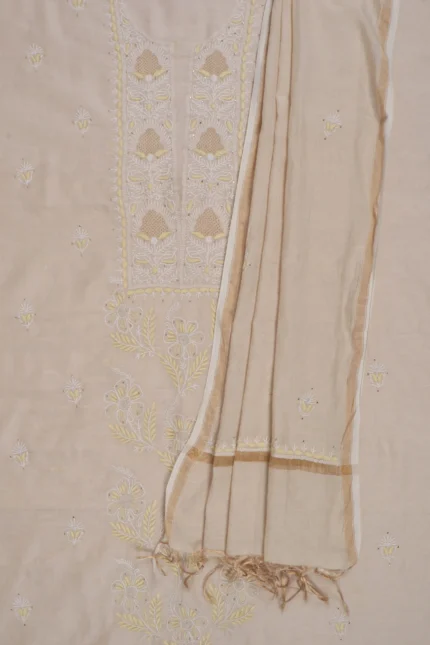 Srajann Hand Embroided Fawn Tissue Lucknowi Chikankari Unstitched Kurta Dupatta Set