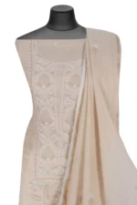 Srajann Hand Embroided Fawn Tissue Lucknowi Chikankari Unstitched Kurta Dupatta Set (SLC1260) - Image 4