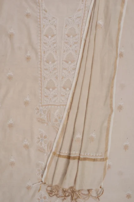 Srajann Hand Embroided Fawn Tissue Lucknowi Chikankari Unstitched Kurta Dupatta Set