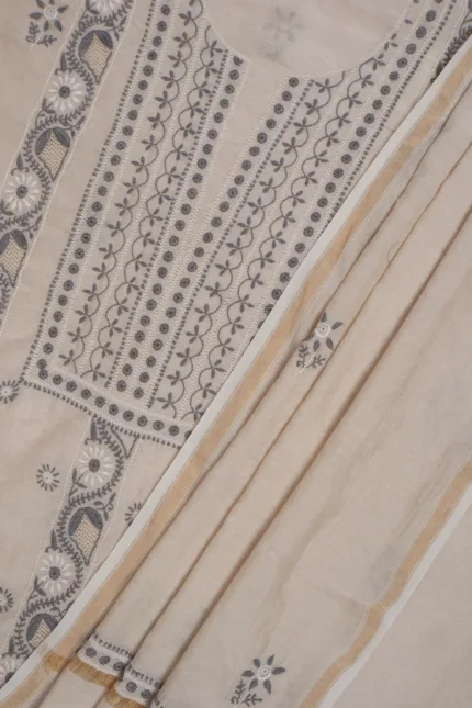 Srajann Hand Embroided Fawn Tissue Lucknowi Chikankari Unstitched Kurta Dupatta Set