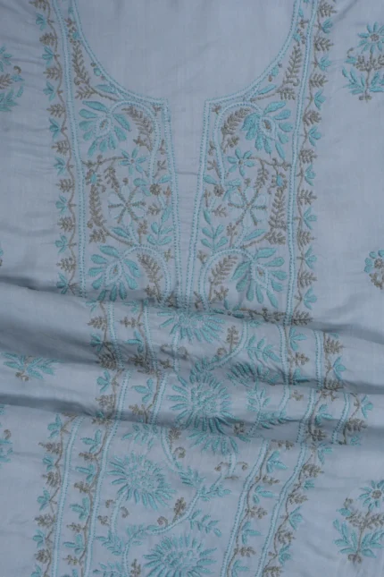 Srajann Hand Embroided Grey Modal Lucknowi Chikankari Unstitched Kurta Dupatta Set