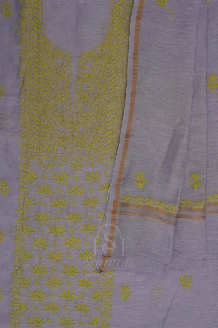 Srajann Hand Embroided Blue Linen Lucknowi Chikankari Unstitched Kurta Dupatta Set