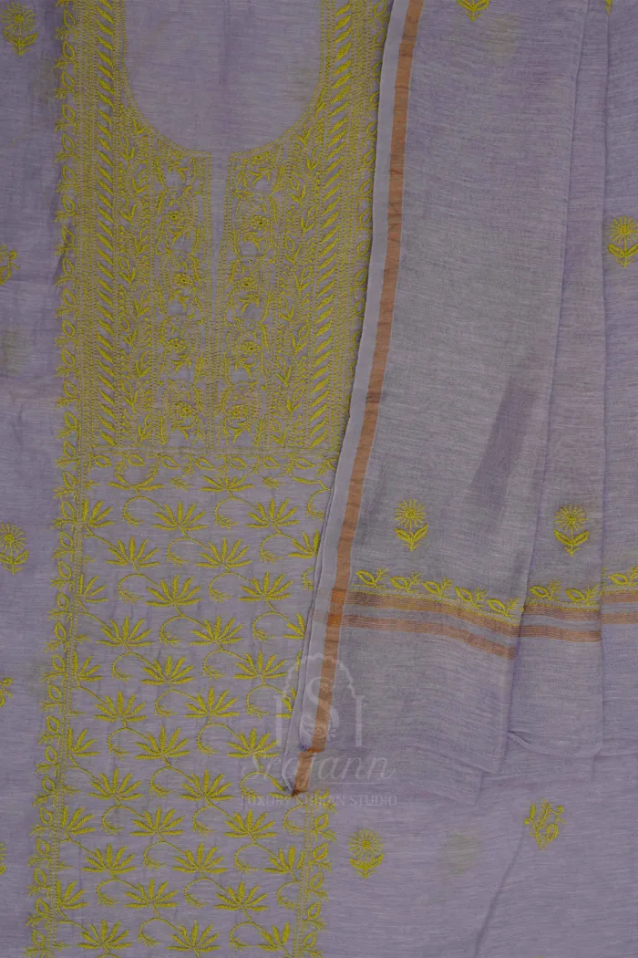 Srajann Hand Embroided Blue Linen Lucknowi Chikankari Unstitched Kurta Dupatta Set