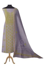 Srajann Hand Embroided Blue Linen Lucknowi Chikankari Unstitched Kurta Dupatta Set (SLC1517) - Image 3