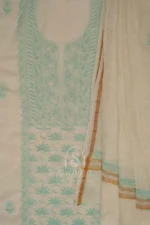 Srajann Hand Embroided Off White Linen Lucknowi Chikankari Unstitched Kurta Dupatta Set