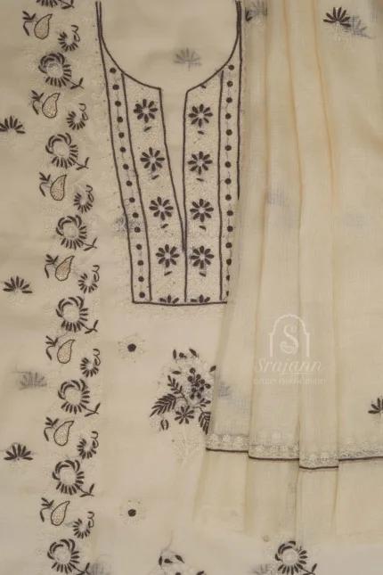 Srajann Hand Embroidered Off White Kota Silk Lucknowi Chikankari Unstitched Kurta Dupatta Set