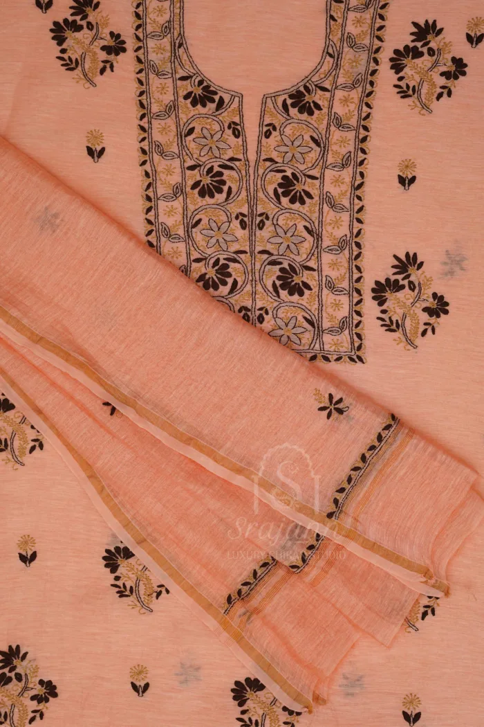 Srajann Hand Embroidered Peach Linen Lucknowi Chikankari Unstitched Kurta Dupatta Set