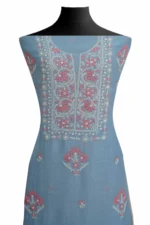 Srajann Hand Embroided Blue Mul Chanderi Lucknowi Chikankari Unstitched Kurta Dupatta Set (SLC1845) - Image 3