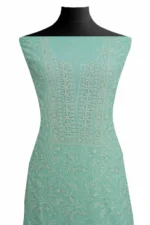 Srajann Hand Embroided Sea Green Mul Chanderi Lucknowi Chikankari Unstitched Kurta Dupatta Set (SLC1851) - Image 3