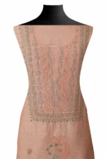 Srajann Hand Embroided Grey, Peach Linen Lucknowi Chikankari Unstitched Kurta Dupatta Set (SLC1802) - Image 4