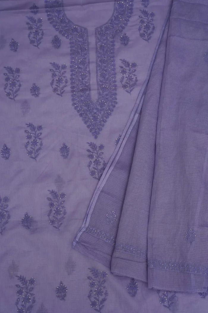 Srajann Hand Embroided Mauve Kota Lucknowi Chikankari Unstitched Kurta Dupatta Set