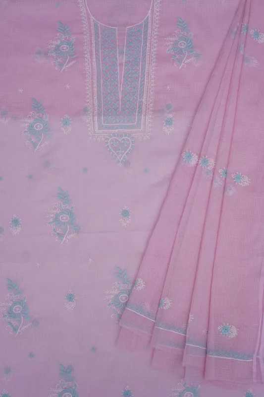 Srajann Hand Embroided Pink Kota Lucknowi Chikankari Unstitched Kurta Dupatta Set