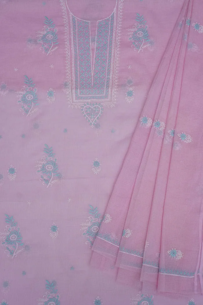 Srajann Hand Embroided Pink Kota Lucknowi Chikankari Unstitched Kurta Dupatta Set