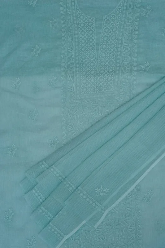 Srajann Hand Embroided Blue Kota Lucknowi Chikankari Unstitched Kurta Dupatta Set
