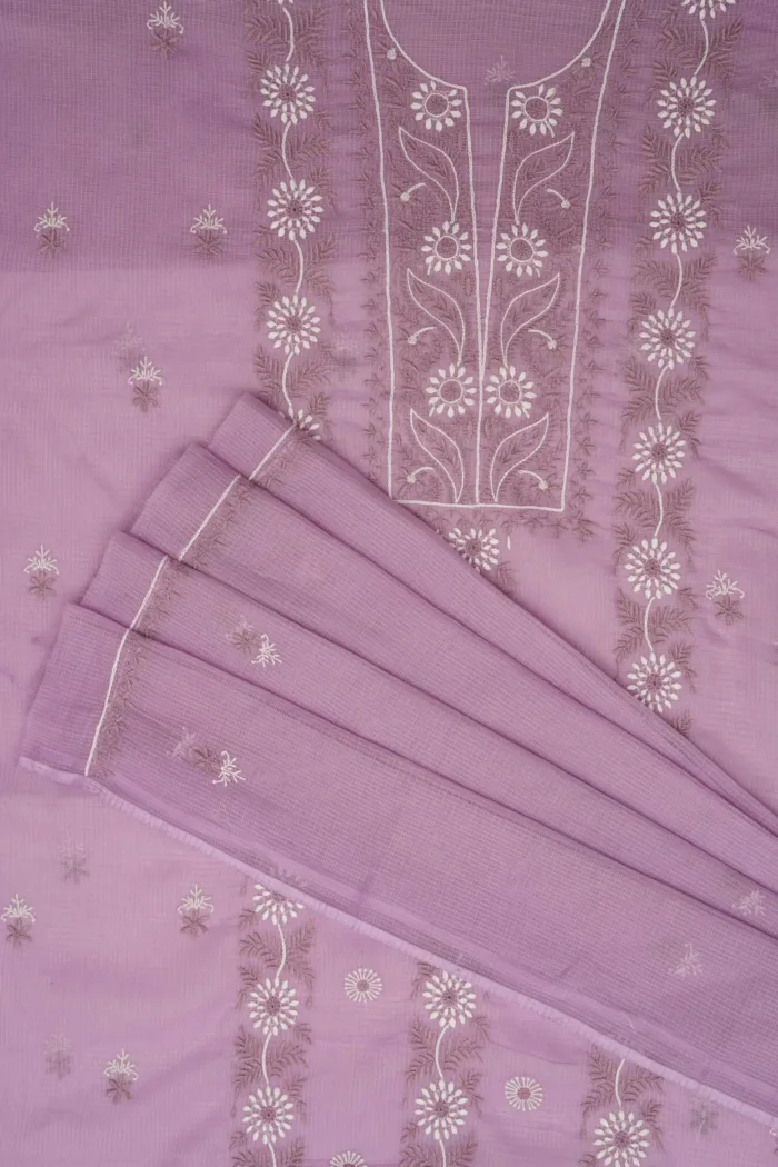 Srajann Hand Embroided Purple Kota Lucknowi Chikankari Unstitched Kurta Dupatta Set