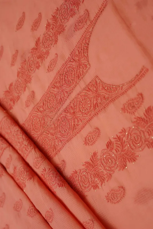 Srajann Hand Embroided Rust Kota Lucknowi Chikankari Unstitched Kurta Dupatta Set