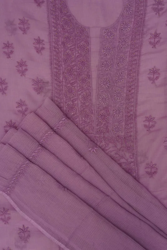Srajann Hand Embroided Mauve Kota Lucknowi Chikankari Unstitched Kurta Dupatta Set
