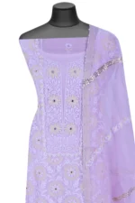 Srajann Hand Embroided Mauve Organza Lucknowi Chikankari Unstitched Kurta Dupatta Set (SLC1860) - Image 2