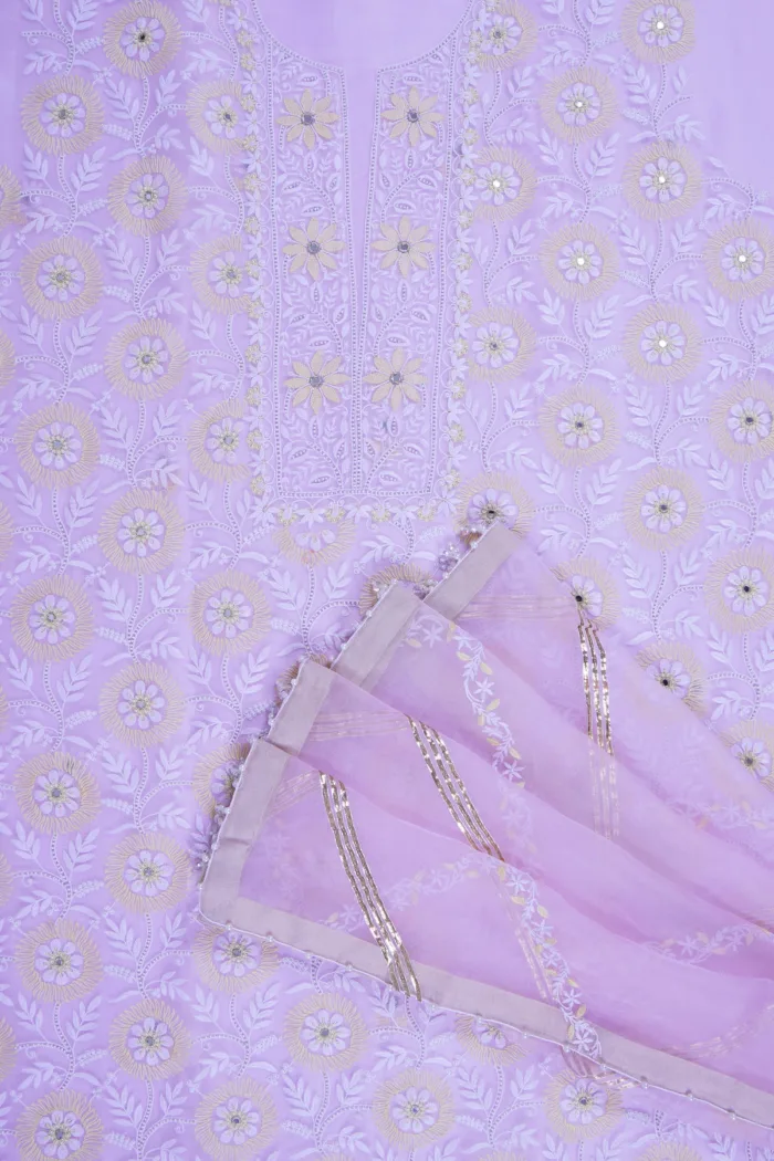 Srajann Hand Embroidered Mauve Organza Lucknowi Chikankari Unstitched Kurta Dupatta Set