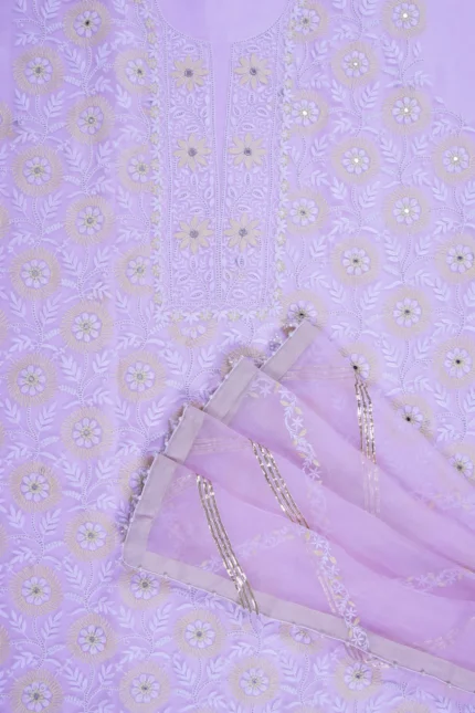 Srajann Hand Embroidered Mauve Organza Lucknowi Chikankari Unstitched Kurta Dupatta Set
