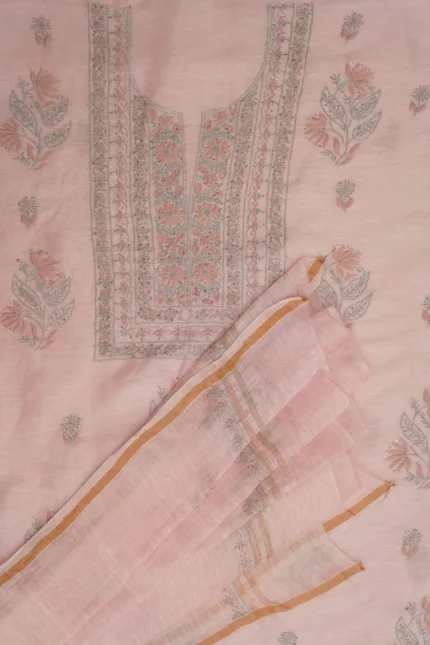 Srajann Hand Embroidered Peach Linen Lucknowi Chikankari Unstitched Kurta Dupatta Set