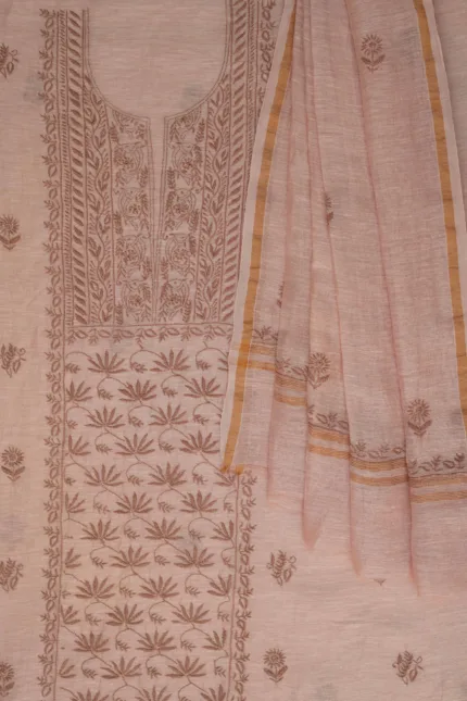 Srajann Hand Embroided Onion Pink Linen Lucknowi Chikankari Unstitched Kurta Dupatta Set