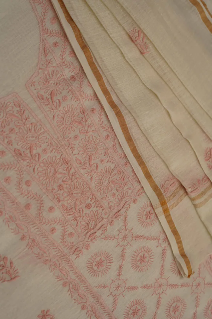 Srajann Hand Embroidered Fawn Linen Lucknowi Chikankari Unstitched Kurta Dupatta Set
