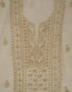 Srajann Hand Embroided Cream Linen Lucknowi Chikankari Unstitched Kurta Dupatta Set (SLC1807) - Image 5