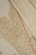 Srajann Hand Embroided Cream Linen Lucknowi Chikankari Unstitched Kurta Dupatta Set (SLC1807) - Image 8
