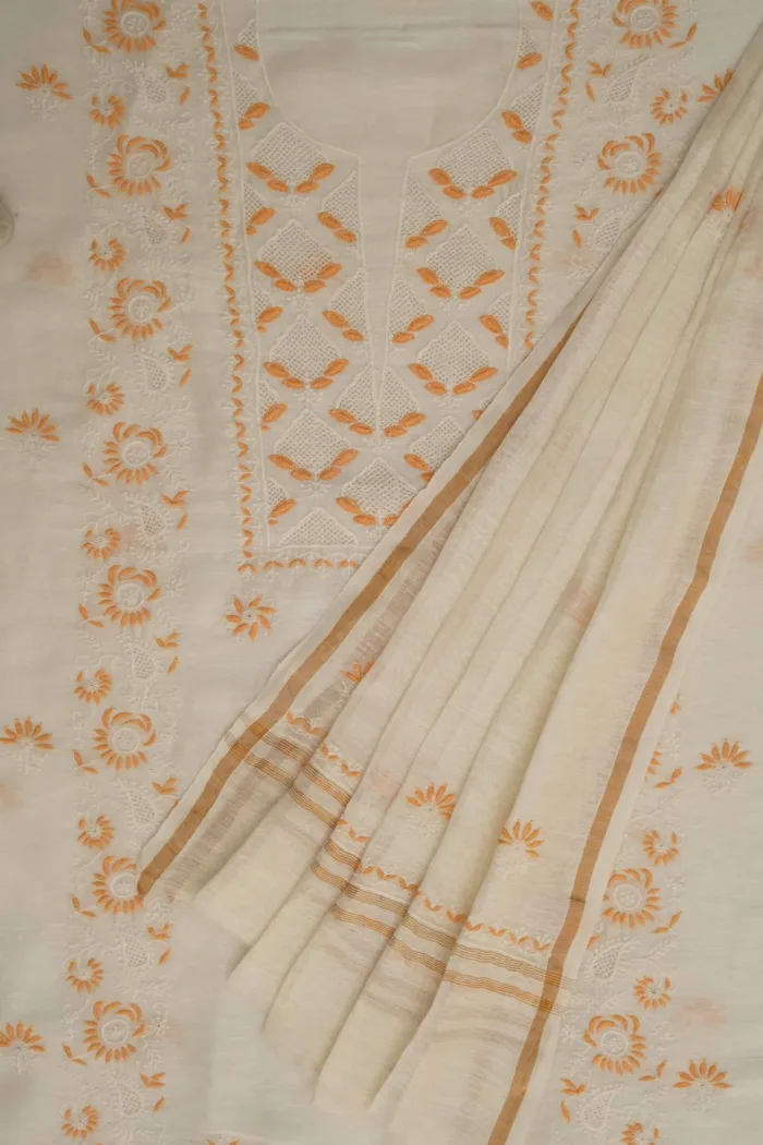 Srajann Hand Embroided white Linen Lucknowi Chikankari Unstitched Kurta Dupatta Set