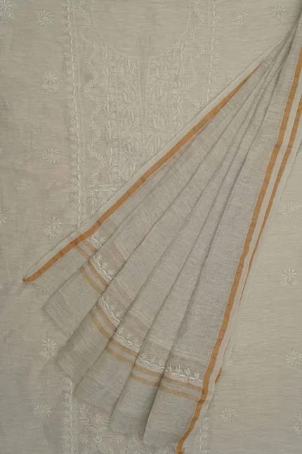 Srajann Hand Embroided Grey Linen Lucknowi Chikankari Unstitched Kurta Dupatta Set