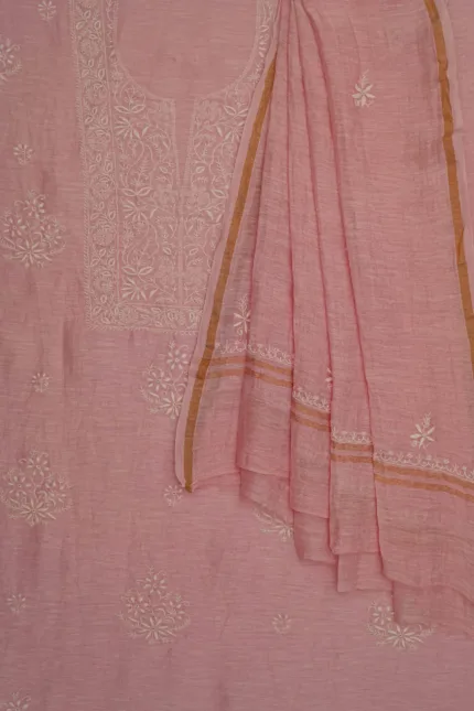 Srajann Hand Embroidered Pink Linen Lucknowi Chikankari Unstitched Kurta Dupatta Set