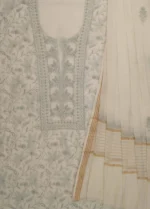 Srajann Hand Embroided white Mul Chanderi Lucknowi Chikankari Unstitched Kurta Dupatta Set (SLC1822) - Image 6