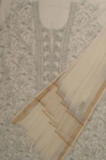 Srajann Hand Embroided white Mul Chanderi Lucknowi Chikankari Unstitched Kurta Dupatta Set