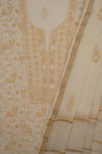 Srajann Hand Embroidered Fawn Mul Chanderi Lucknowi Chikankari Unstitched Kurta Dupatta Set