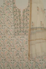 Srajann Hand Embroided white Mul Chanderi Lucknowi Chikankari Unstitched Kurta Dupatta Set