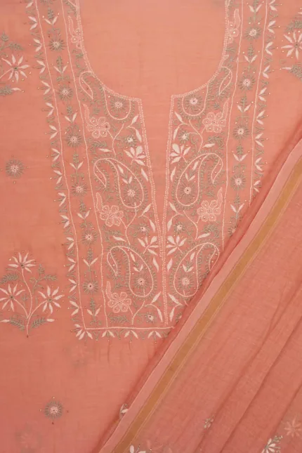 Srajann Hand Embroidered Mal Chanderi Lucknowi Chikankari Unstitched Kurta With Dupatta