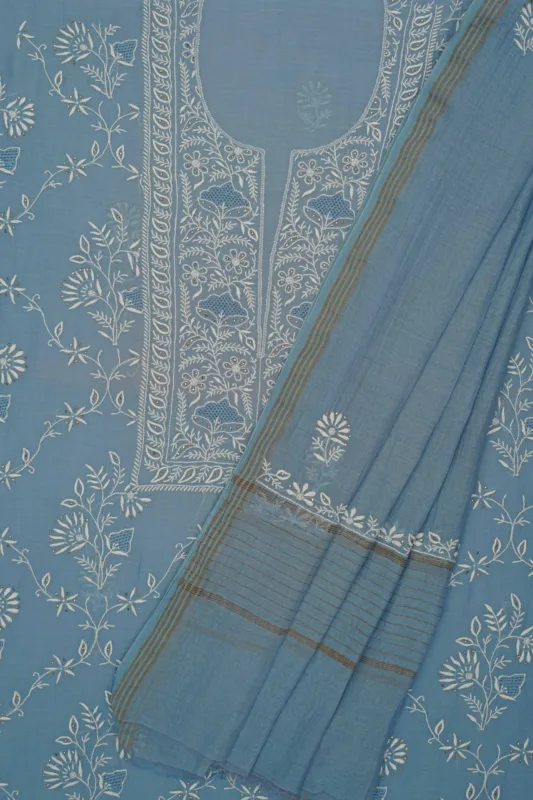 Srajann Hand Embroided Blue Mul Chanderi Lucknowi Chikankari Unstitched Kurta Dupatta Set