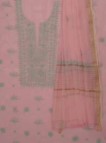Srajann Hand Embroided Pink Mul Chanderi Lucknowi Chikankari Unstitched Kurta Dupatta Set (SLC1839) - Image 7