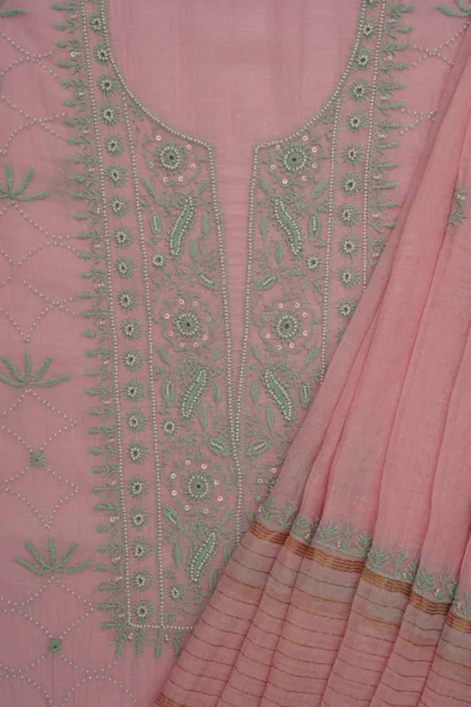 Srajann Hand Embroided Pink Mul Chanderi Lucknowi Chikankari Unstitched Kurta Dupatta Set