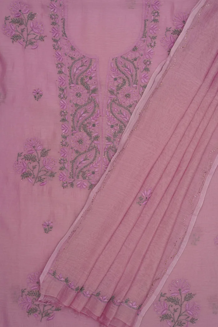 Srajann Hand Embroidered Purple Mul Chanderi Lucknowi Chikankari Unstitched Kurta Dupatta Set