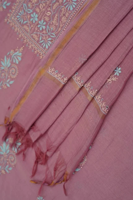 Srajann Hand Embroided Purple Mul Chanderi Lucknowi Chikankari Unstitched Kurta Dupatta Set