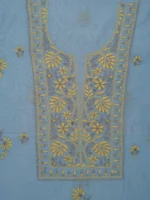 Srajann Hand Embroided Blue Mul Chanderi Lucknowi Chikankari Unstitched Kurta Dupatta Set (SLC1844) - Image 5