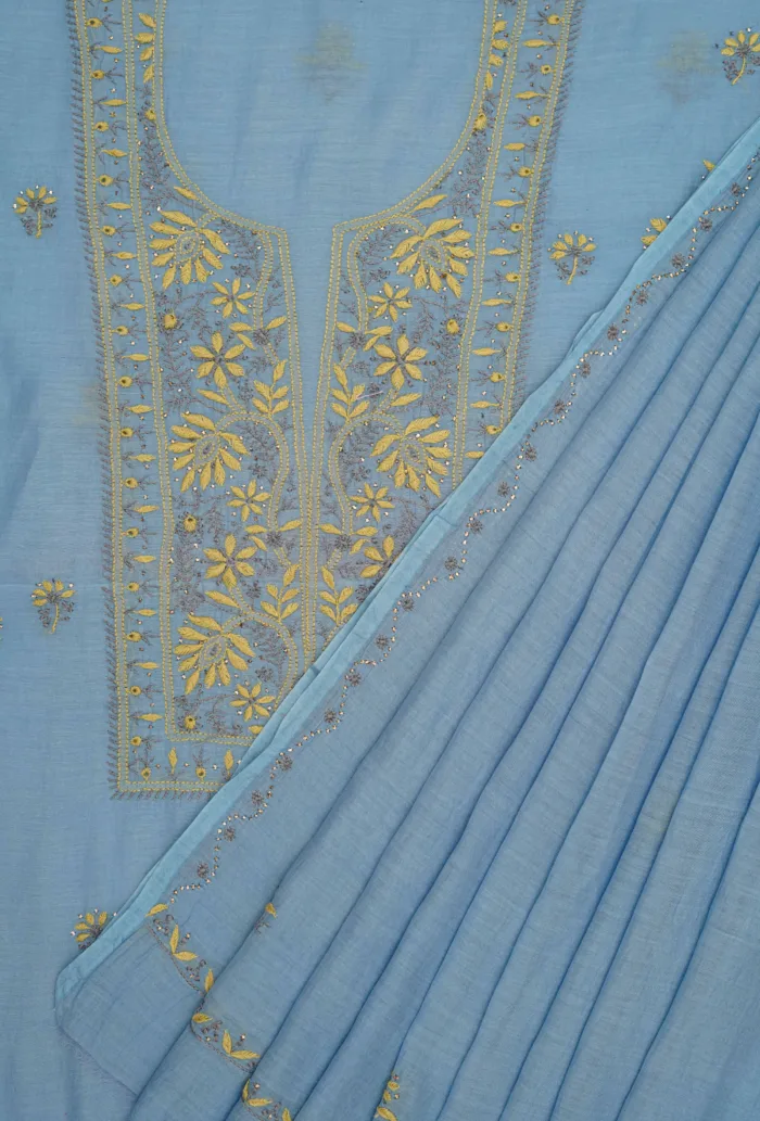 Srajann Hand Embroided Blue Mul Chanderi Lucknowi Chikankari Unstitched Kurta Dupatta Set