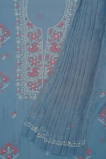Srajann Hand Embroided Blue Mul Chanderi Lucknowi Chikankari Unstitched Kurta Dupatta Set