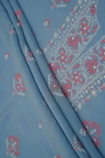 Srajann Hand Embroided Blue Mul Chanderi Lucknowi Chikankari Unstitched Kurta Dupatta Set (SLC1845) - Image 8