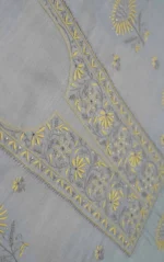 Srajann Hand Embroided Grey Mul Chanderi Lucknowi Chikankari Unstitched Kurta Dupatta Set (SLC1846) - Image 6