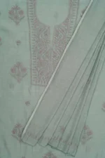 Exquisite Hand-Embroidered Grey Mul Chanderi Lucknowi Chikankari Unstitched Kurta Dupatta Set