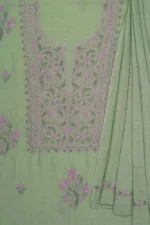 Exquisite Hand-Embroidered Green Mul Chanderi Lucknowi Chikankari Unstitched Kurta Dupatta Set