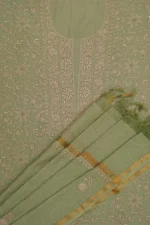 Srajann Hand Embroided Green Mul Chanderi Lucknowi Chikankari Unstitched Kurta Dupatta Set: Refreshing Elegance